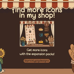 May include: A digital illustration of a shop storefront with a sign that reads "find more icons in my shop!"  The shop is selling a digital product called "picnic bun" which includes 100 icons. The text below the image reads "Get more icons with the expansion packs!" and "@pricklypigdesigns".