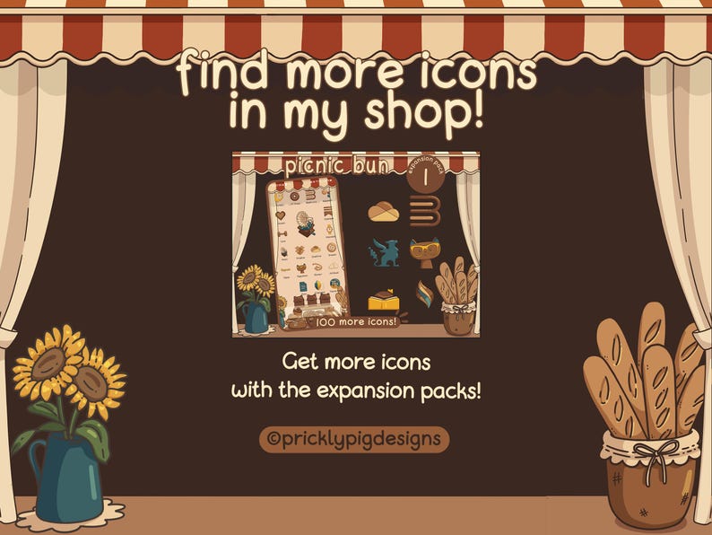 May include: A digital illustration of a shop storefront with a sign that reads "find more icons in my shop!"  The shop is selling a digital product called "picnic bun" which includes 100 icons. The text below the image reads "Get more icons with the expansion packs!" and "@pricklypigdesigns".