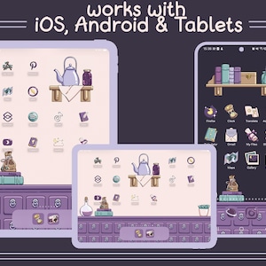 May include: A purple and white phone screen with a whimsical design featuring a teapot, books, and other icons. The text "works with iOS, Android & Tablets" is displayed at the top of the screen.