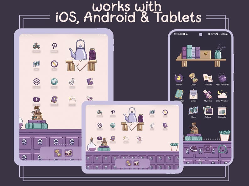May include: A purple and white phone screen with a whimsical design featuring a teapot, books, and other icons. The text "works with iOS, Android & Tablets" is displayed at the top of the screen.
