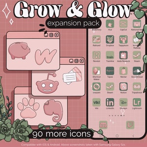 May include: A pink and green phone screen with the text "Grow & Glow expansion pack" and a grid of app icons. The icons are in a variety of colors and designs, including pink, green, blue, and yellow. The text "go more icons" is at the bottom of the screen.