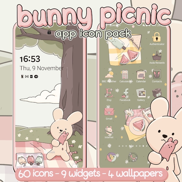 Cottagecore Icon Pack: Adorable Bunny Picnic Aesthetic for iOS, Android & Tablets