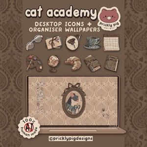 May include: A digital set titled cat academy desktop icons + organiser wallpapers by prickly pig designs. It features brown-toned illustrations of glasses, letters, a rose, a cup, a calendar, a palette, a globe, a croissant, and books above a laptop screen displaying a cat portrait in an ornate frame.