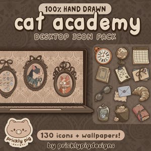 May include: A digital desktop icon pack called "Cat Academy" with hand-drawn illustrations. The image shows a laptop with cat portraits, plus themed icons like a clock, globe, and croissant. The pack includes 130 icons and wallpapers for your computer.