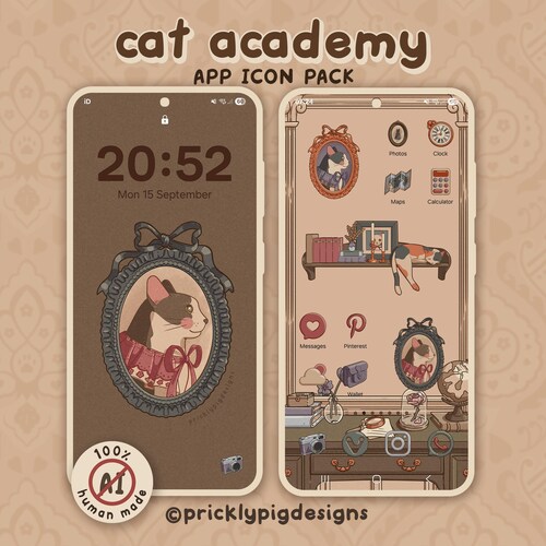 Cat Acadamy App Icon Pack: Dark Academia Theme inklusive Wallpaper für iOS, Galaxy & Android
