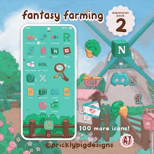 May include: A digital icon pack titled fantasy farming expansion pack 2 featuring a smartphone screen with green app icons, a windmill background, and individual icons including a plant, a letter N block, a basket, and a carrot, by pricklypigdesigns.