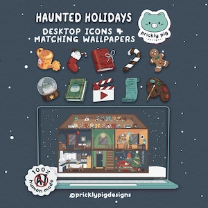 Könnte beinhalten: Ein digitales Set aus Haunted Holidays Desktop-Icons und passenden Hintergrundbildern mit einem Laptop, der ein Puppenhaus-Interieur zeigt. Die Icons umfassen einen Strumpf, ein Buch, eine Zuckerstange, einen Lebkuchenmann und eine Schneekugel.