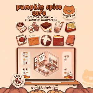 Op de afbeelding: Een digitale set met desktopiconen en organisator-achtergronden in pumpkin spice café-thema, met bruine en oranje illustraties van koffie, gebak en briefpapier. Het scherm toont een isometrisch ontwerp van een café-interieur.