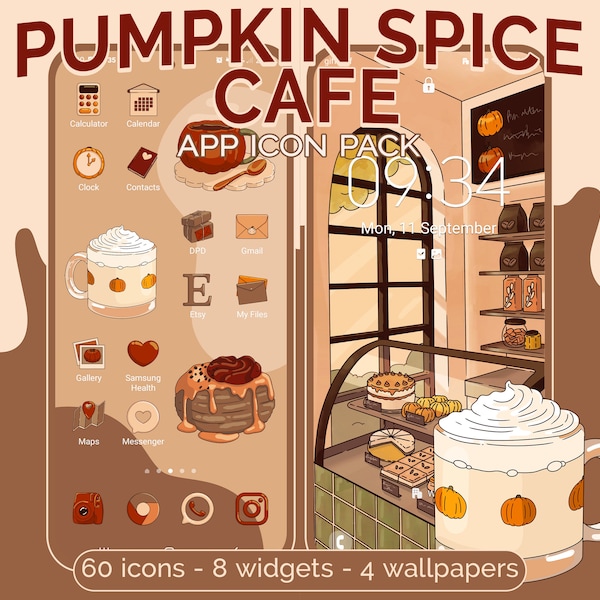 Pumpkin Spice Cafe Icon Pack for iOS, Android & Tablet, Wallpapers, Widgets, Autumn/Fall Coffee Shop App Theme