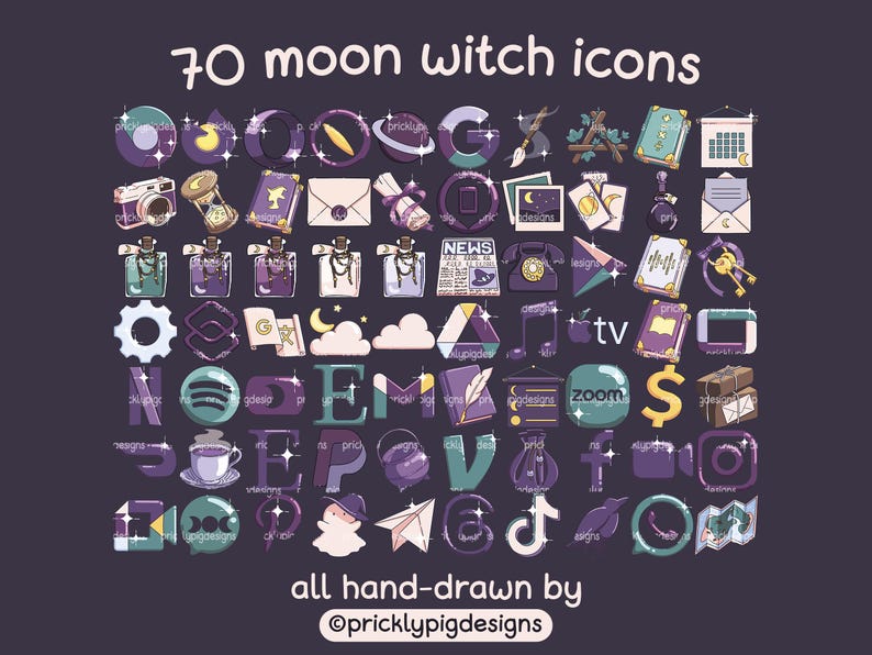 May include: A set of 70 hand-drawn icons featuring a moon witch theme. The icons are in a variety of colors, including purple, teal, and gold. The icons include various symbols, such as moons, stars, crystals, and potions. The text "70 moon witch icons" and "all hand-drawn by @pricklypigdesigns" are included in the image.