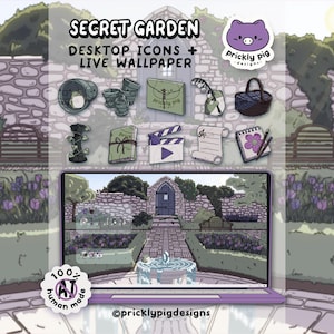 May include: A digital set titled SECRET GARDEN DESKTOP ICONS + LIVE WALLPAPER by prickly pig designs. It features illustrated icons including a barrel, pots, envelope, basket, book, clapperboard, scroll, and notepad, displayed on a laptop screen.