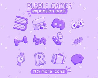 May include: Purple and white illustrated icons on a light purple background. The icons include a book, a calculator, a game controller, a bird, a dumbbell, a wordmark, a game controller, an ice cream, a watch, a letter R, a suitcase, and a piggy bank. The text "PURPLE GAMER expansion pack" and "170 more icons!" are also included.