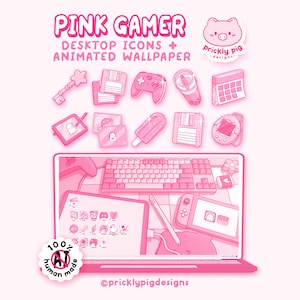 May include: A digital set of pink gamer desktop icons and an animated wallpaper featuring a collection of illustrated items like a game controller, floppy disks, a tablet, and a drink. The text reads PINK GAMER DESKTOP ICONS + ANIMATED WALLPAPER.