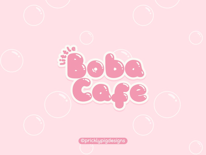 Pu&ograve; includere: Design del logo rosa e bianco con il testo "Little Boba Cafe" su uno sfondo rosa con cerchi bianchi.