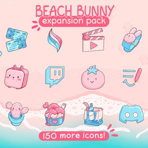 May include: A pink and blue illustration of a beach bunny expansion pack with 150 more icons. The icons include a seashell, a ticket, a flame, a clapperboard, a bunny on a surfboard, a speaker, a Twitch logo, a tomato with a star, a pencil, a cactus, ice cream, a shopping bag, and a Discord logo.
