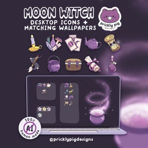 Moon Witch: Magical Desktop Folder Icon & Wallpaper Pack for Windows + Mac