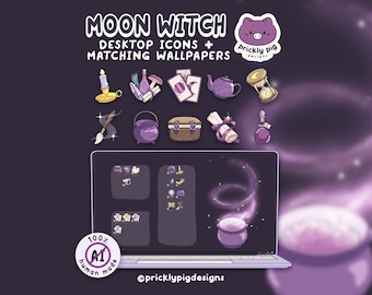 Moon Witch: Magical Desktop Folder Icon & Wallpaper Pack for Windows + Mac