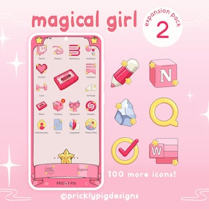 Peut inclure: Un écran de téléphone rose avec les mots "magical girl" et "expansion pack 2". L'écran affiche diverses icônes d'applications de style dessin animé, dont un cœur, une cassette et un crayon. Le texte "100 more icons!" est en bas.