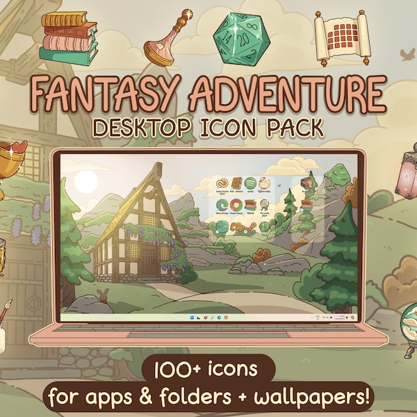 Fantasy Aesthetic Desktop Folder Icon & Wallpaper Pack for Windows + Mac, .PNG, .ICO, .ICNS