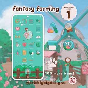 Puede incluir: Un paquete de iconos digitales titulado fantasy farming expansion pack 1 que muestra una pantalla de smartphone con iconos de aplicaciones personalizados en un tema verde claro, junto a iconos individuales y un molino de viento.