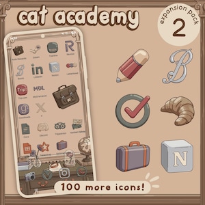 Può includere: Uno screenshot del telefono che mostra un set di icone di app personalizzate, "cat academy", con un'estetica vintage. Le icone aggiuntive includono una matita, un segno di spunta, la lettera "B", un croissant, una valigia e un cubo con la lettera "N". È visibile anche il testo "100 more icons!"