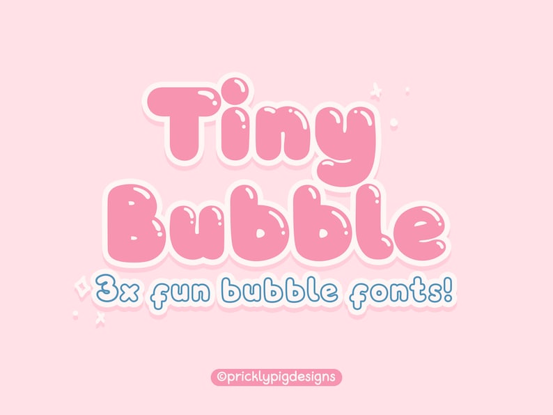 Pu&ograve; includere: Progettazione di font a bolle rosa e bianche con il testo "Tiny Bubble" e "3x fun bubble fonts!" su uno sfondo rosa chiaro.