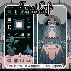Paquete de iconos de Tarot Cafe para iOS, Android y tabletas, fondos de pantalla, widgets y tema de Halloween de brujas.