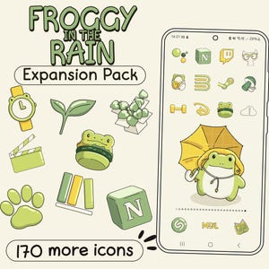 Froggy in the Rain EXPANSION Icon Pack for iOS, Android & Tablet, Wallpapers, Widgets, Cute App Theme