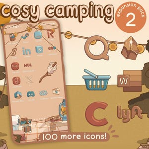 Paquete de iconos de la expansión Cozy Camping 2 para iOS, Android y tabletas, fondos de pantalla, widgets y un tema de aplicación con temática de naturaleza forestal.