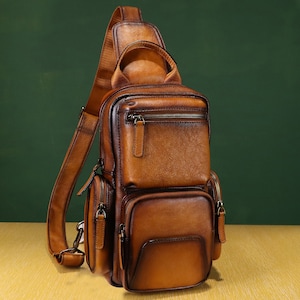 Echtes Leder Sling Bag Crossbody Casual Wandern Daypack Vintage Handmade Brusttasche Schulter Rucksack Personalisierung Motorrad Pack