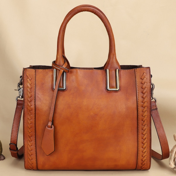 Genuine Leather Satchel Handbag For Women - Vintage Retro Crossbody Purse, Handmade, 7.87x4.52x3.93 Inches