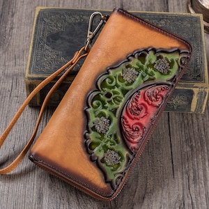 Cremallera de cuero genuino alrededor de la billetera de las mujeres Pulsera Bolso largo Vintage Relieve Piel de vaca Capacidad Embrague hecho a mano Monedero de personalización