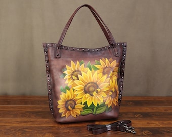 Genuine Leather Large Tote Bag Shoulder Bag for Women Hand Painted Sunflower Personalized Custom Pattern Vintage Handmade Satchel Purse