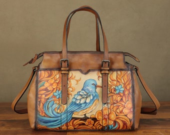 Genuine Leather Shoulder Bag Tote Bag for Women Hand Painted Bird Animal Personalized Custom Pattern Crossbody Handbag Satchel Purse