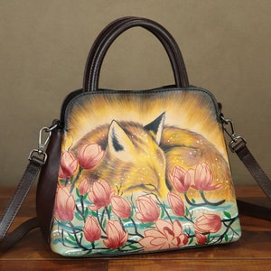 Cartera de piel auténtica para mujer, pintada a mano, estilo vintage, hecha a mano, con asa superior, de diseñador, tipo bandolera, personalizable