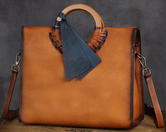 Genuine Leather Top Handle Handbag for Women Vintage Satchel Retro Handmade Crossbody Shoulder Bag Purse Personalization Festival Gift Tote