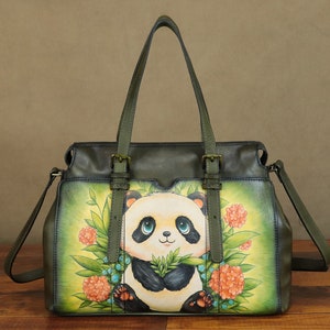 Handmade Genuine Leather Panda Tote Bag: Personalized Shoulder Bag