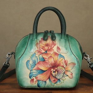 Bolso tipo cartera con asa superior de cuero genuino para mujer, bolso hecho a mano vintage pintado a mano, bolsos cruzados de diseñador, bolso personalizado