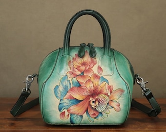 Genuine Leather Top Handle Satchel Purse for Women Vintage Hand Painted Handmade Handbag Designer Crossbody Bags Personalization Bag