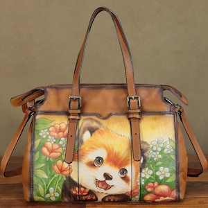 Genuine Leather Shoulder Bag Tote Bag for Women Hand Painted Cute Animal Personalized Custom Pattern Crossbody Handbag Satchel Purse