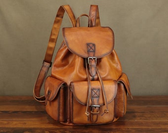 Full Grain Genuine Leather Backpack for Men and Women Design Vintage Handmade Rucksack Casual Daypack Purse for Travel Notebook Custom Logo