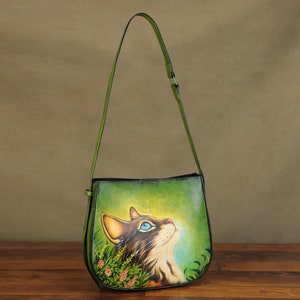 Hand Painted Genuine Cat Leather Shoulder Bag: Women&#39;s Crossbody Tote