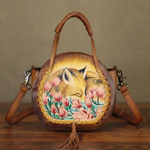 Sac à bandoulière en cuir véritable pour femme vintage style peint à la main cartables faits main petits sacs à main cercle personnalisation cartable sac à main