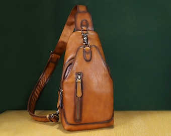 Echt lederen Sling Bag Crossbody portemonnee motortas handgemaakte wandeldagrugzak Retro schouderrugzak personalisatie Vintage borsttas