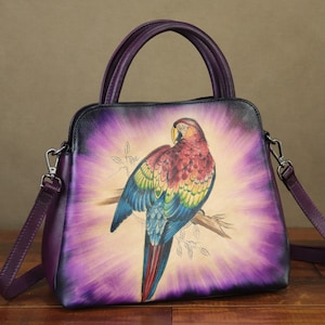 Cartera de piel auténtica para mujer, pintada a mano, estilo vintage, hecha a mano, con asa superior, de diseñador, tipo bandolera, personalizable