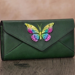 Genuine Leather Wallet for Women Men Handmade Embossed Butterfly Leather Wallet Purse Card Holder Money Clip Custom Logo for Birthday Gift