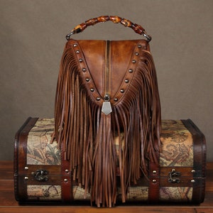 Sac à main et sac à main en cuir véritable pour femme, rivets faits main vintage, sac à franges western, sac à bandoulière, cartable, logo