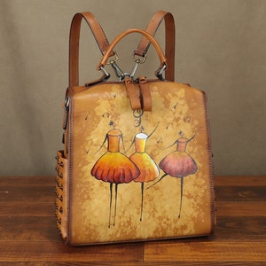 Genuine Leather Backpack for Women Convertible Satchel Hand Painted Rucksack Knapsack Shoulder Bag Handbag Purse Daypack Personalization