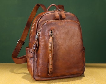 Genuine Leather Backpack Purse for Women Vintage Casual Daypack College Bag Handmade Western Rivets Rucksack Personalization Knapsack