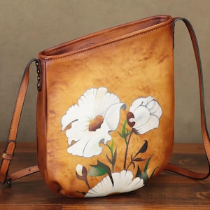 Hand Painted Flower Genuine Leather Crossbody Bag: Personalized Satchel